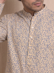 Ivory & Blue Floral Print Cotton Linen Kurta Pajama Set