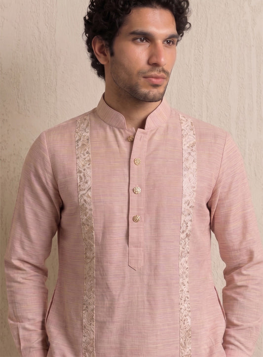 Light Pink Bhagalpuri Silk Kurta With Embroidery