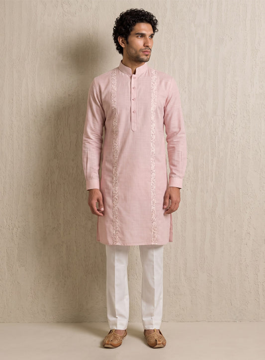 Light Pink Bhagalpuri Silk Kurta With Embroidery