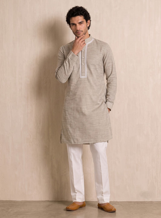 Light Grey Bhagalpuri Silk Kurta With Lace Work