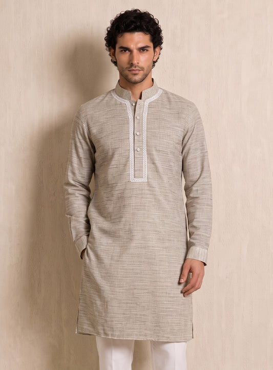 Light Grey Bhagalpuri Silk Kurta With Lace Work