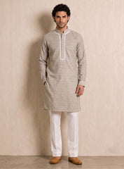 Light Grey Bhagalpuri Silk Kurta Pajama Set With Lace Work