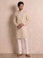 Light Beige Bhagalpuri Silk Kurta Pajama Set With Blue Lace Work