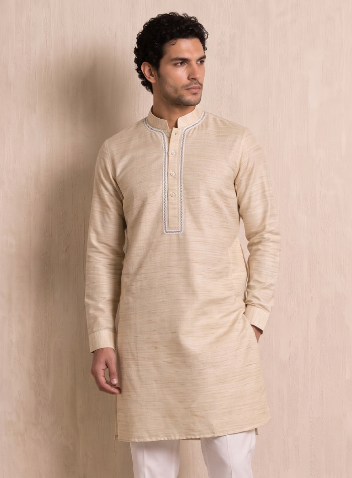 Light Beige Bhagalpuri Silk Kurta Pajama Set With Blue Lace Work
