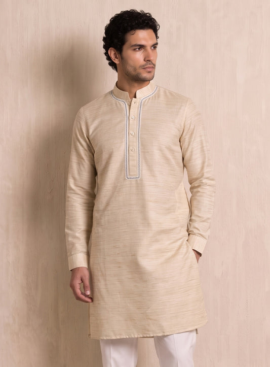Light Beige Bhagalpuri Silk Kurta With Blue Lace Work
