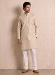 Light Beige Bhagalpuri Silk Kurta Pajama Set With Blue Lace Work