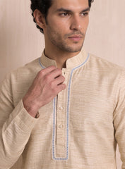 Light Beige Bhagalpuri Silk Kurta Pajama Set With Blue Lace Work