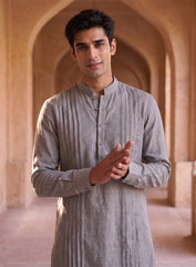 Gray Kurta Pajama Set With Pleating Work