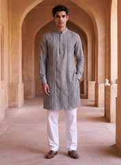 Gray Kurta Pajama Set With Pleating Work