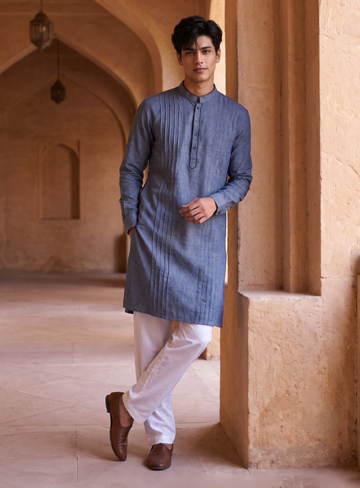 Blue Kurta Pajama Set With Pleating Work