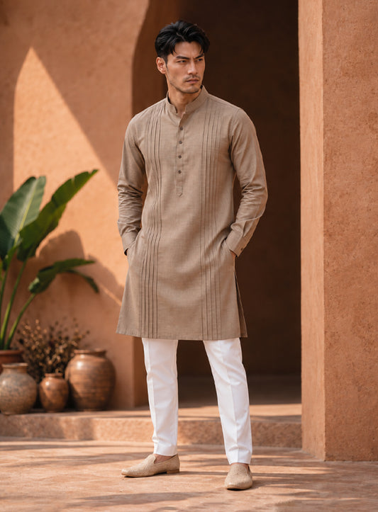 Antique Beige Kurta With Pleating Work