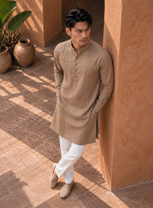 Antique Beige Kurta With Pleating Work
