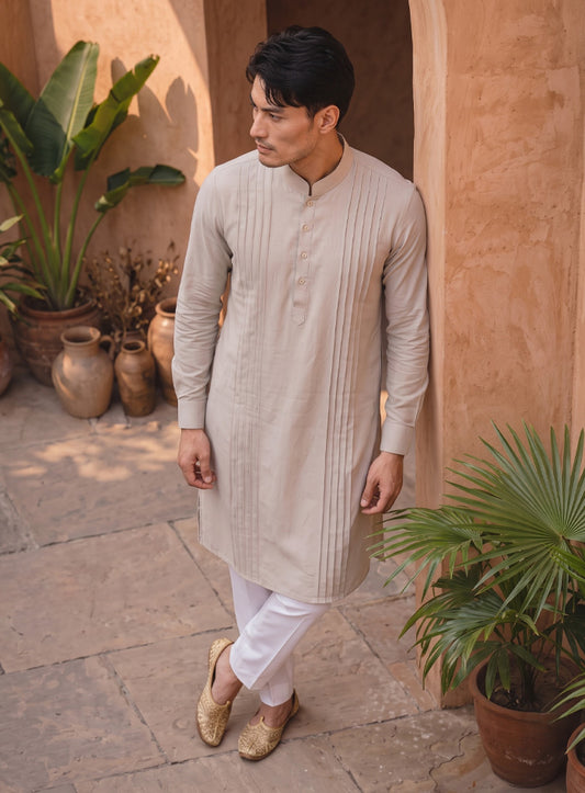 Natural Cream Kurta With Pleating Work