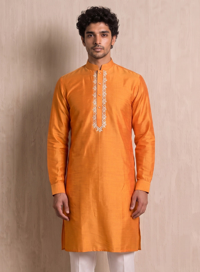 Orange Cotton Silk Kurta Pajama Set With Embroidery