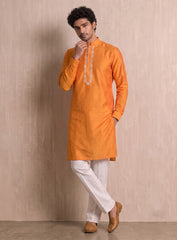 Orange Cotton Silk Kurta Pajama Set With Embroidery