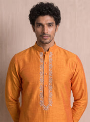 Orange Cotton Silk Kurta Pajama Set With Embroidery