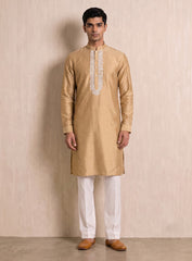 Golden Beige Cotton Silk Kurta Pajama Set With Embroidery