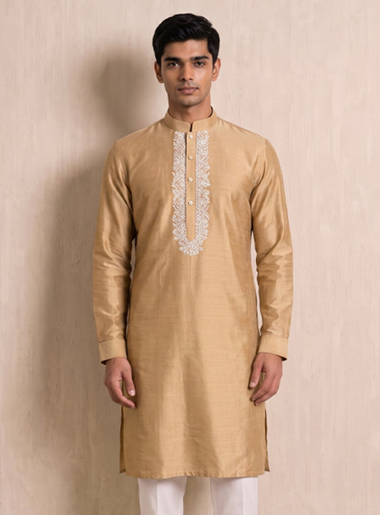Golden Beige Cotton Silk Kurta With Embroidery