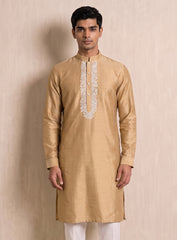 Golden Beige Cotton Silk Kurta Pajama Set With Embroidery
