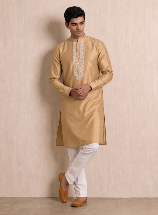 Golden Beige Cotton Silk Kurta With Embroidery