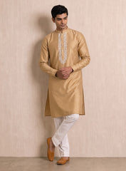 Golden Beige Cotton Silk Kurta Pajama Set With Embroidery