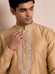 Golden Beige Cotton Silk Kurta Pajama Set With Embroidery