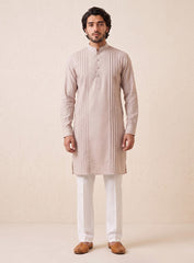 Cream Bhagalpuri Silk Kurta Pajama Set With Pleating Work