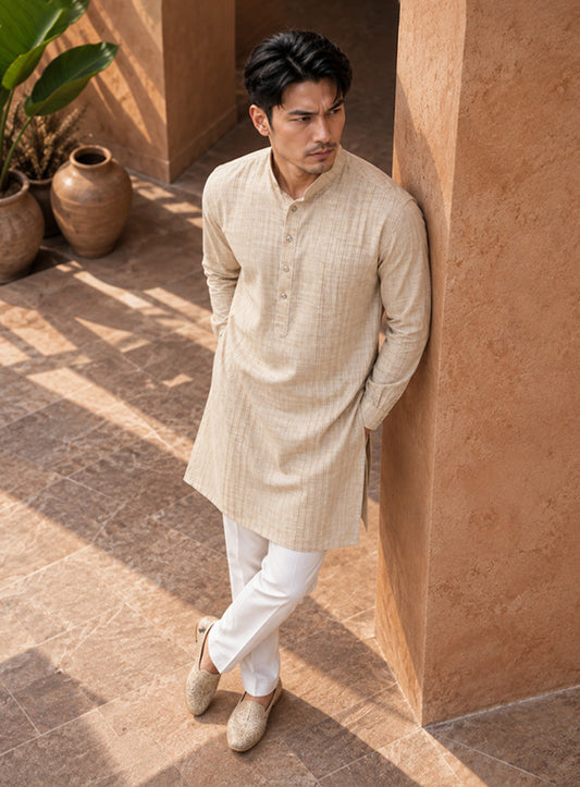Cream Bhagalpuri Silk Kurta With Pleating Work