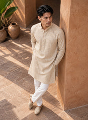 Cream Bhagalpuri Silk Kurta With Pleating Work