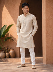 Cream Bhagalpuri Silk Kurta With Pleating Work