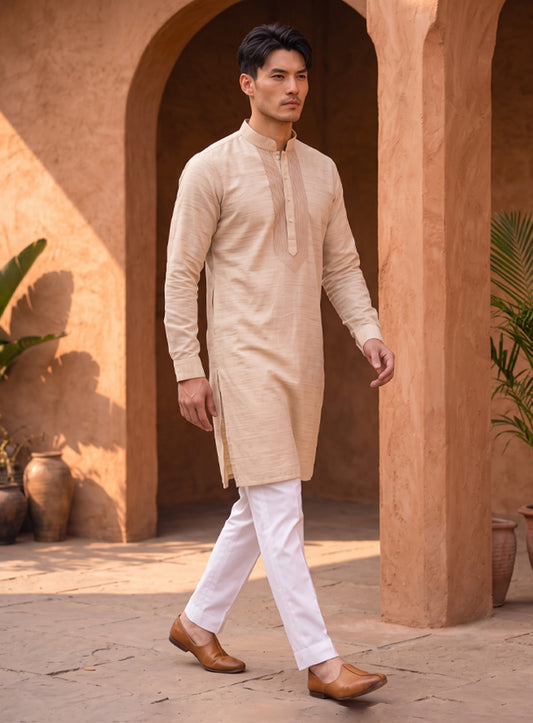 Cream Bhagalpuri Silk Kurta With Embroidery
