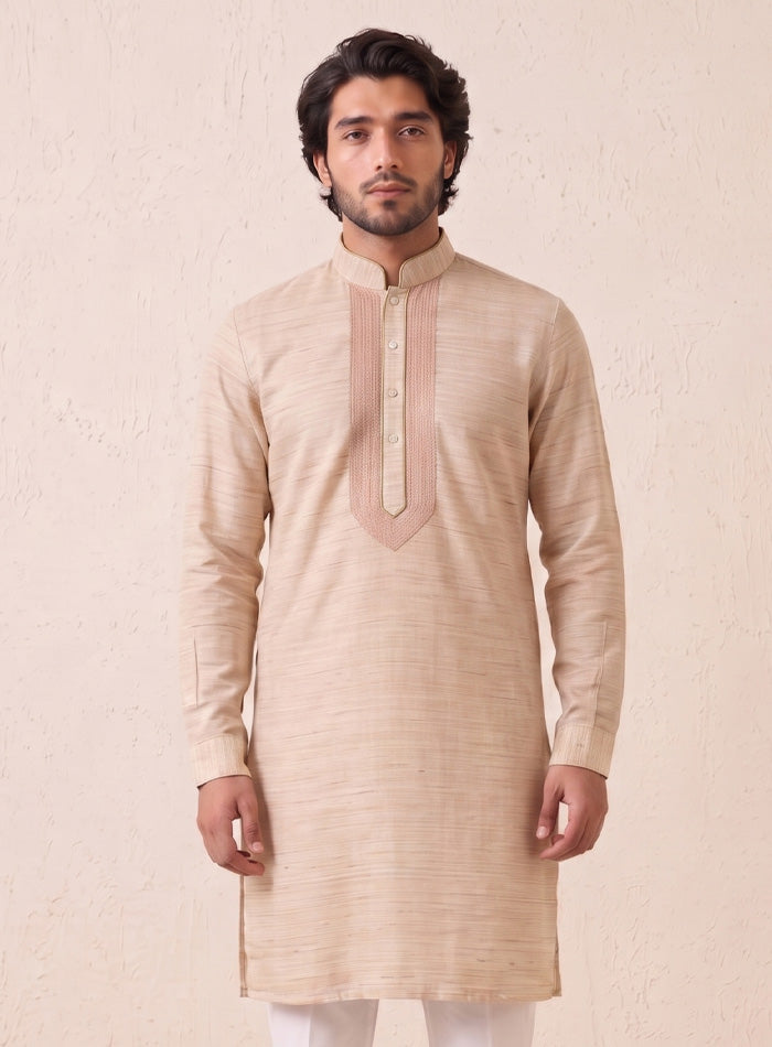 Cream Bhagalpuri Silk Kurta Pajama Set With Embroidery
