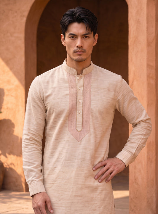Cream Bhagalpuri Silk Kurta With Embroidery