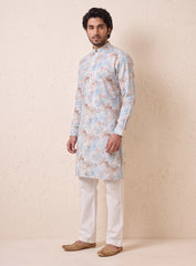Blue & Blush Cotton Kurta Pajama Set With Embroidery