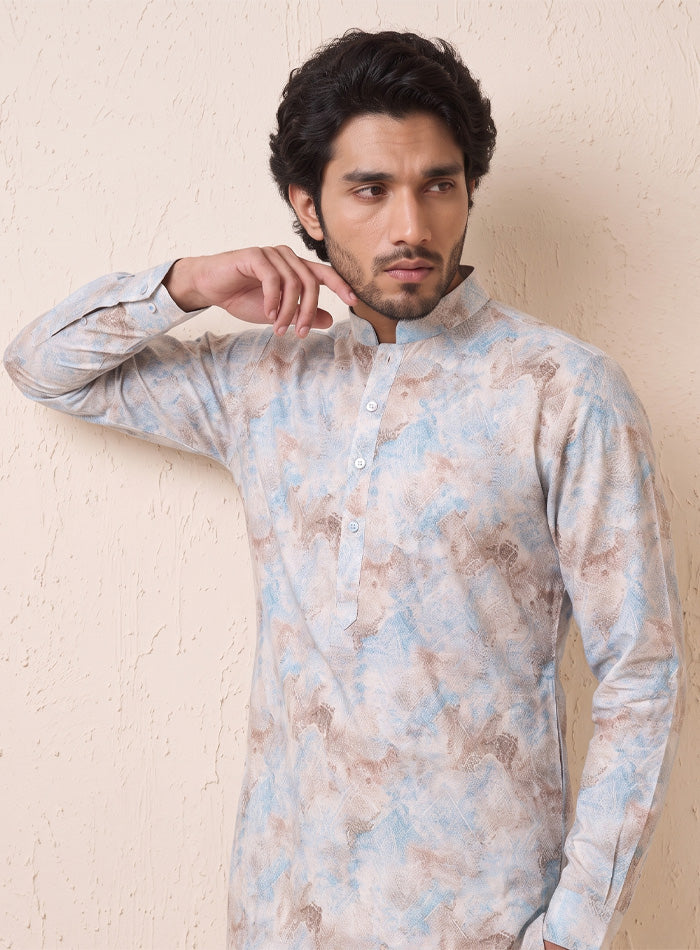 Blue & Blush Cotton Kurta Pajama Set With Embroidery
