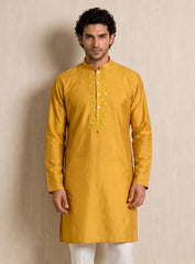 Mustard Yellow Cotton Silk Kurta Pajama Set With Embroidery
