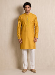 Mustard Yellow Cotton Silk Kurta Pajama Set With Embroidery
