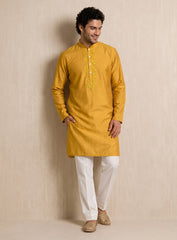 Mustard Yellow Cotton Silk Kurta Pajama Set With Embroidery