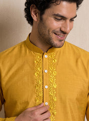 Mustard Yellow Cotton Silk Kurta Pajama Set With Embroidery