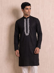 Black Cotton Silk Kurta Pajama Set With White Embroidery