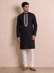 Black Cotton Silk Kurta Pajama Set With White Embroidery