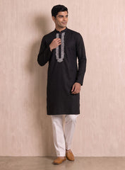 Black Cotton Silk Kurta Pajama Set With White Embroidery