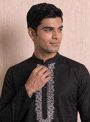 Black Cotton Silk Kurta Pajama Set With White Embroidery